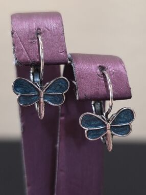 Vintage Sterling Silver Blue Enamel Dragonfly Butterfly Leverback Earrings